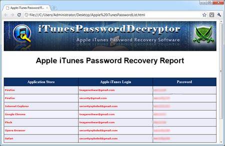 Mot de passe Sauvegarde iTunes - liste de mots de passe récupérés